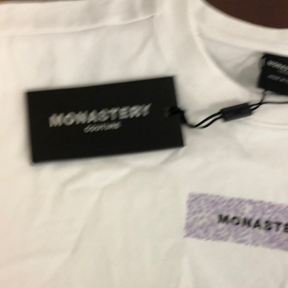 Women’s White Monastery Cropped Tee with Purple Logo Sz medium brand new - Picture 4 of 8